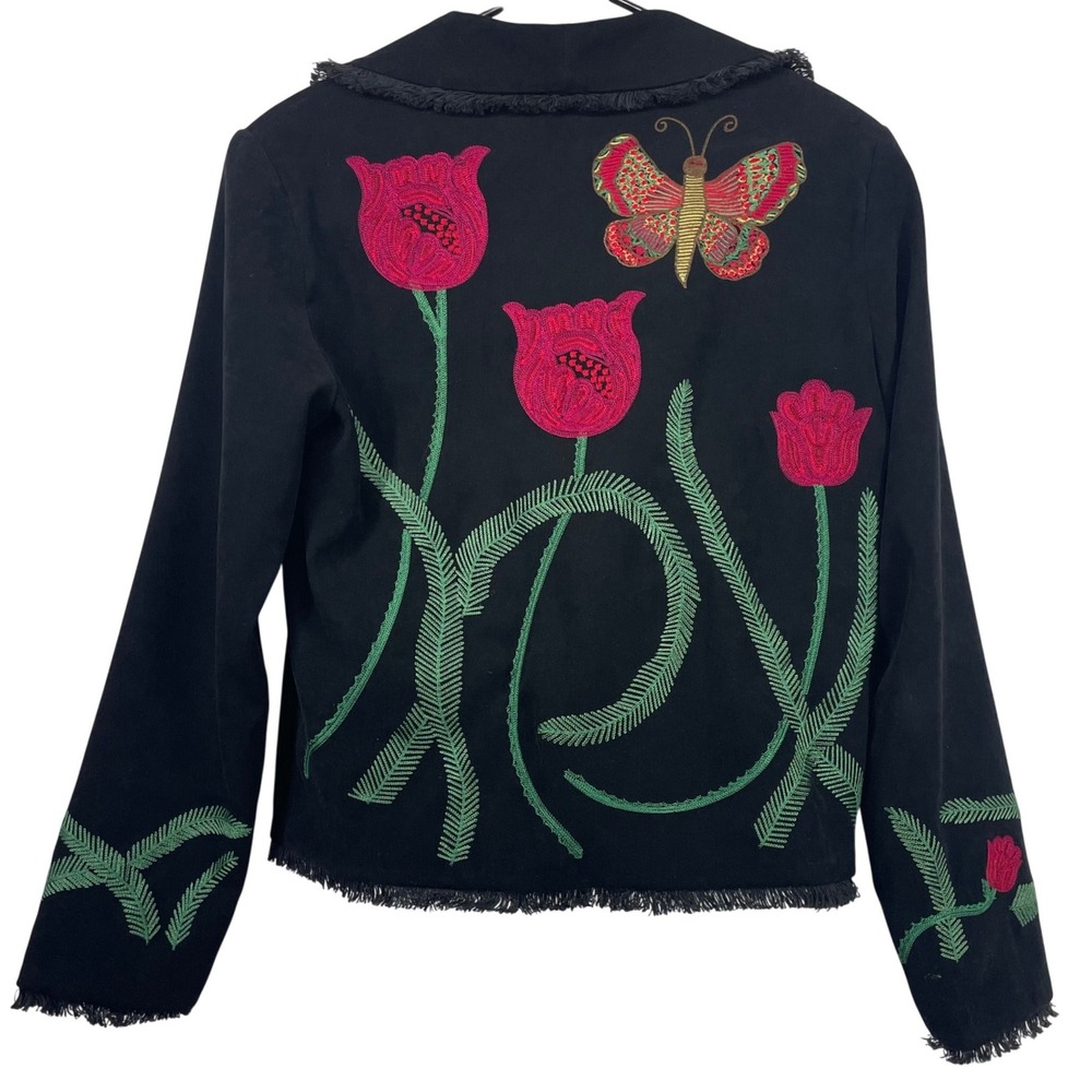 Elyse Hart Ltd Women Size S / M Jacket Black Floral Butterfly Embroidered Fringe